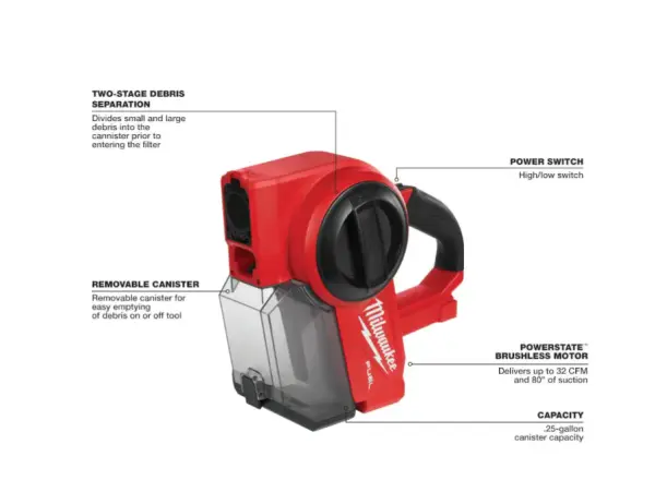 0940-20 M18 FUEL 18-Volt-Lithium-Ionen-Akku-Handsauger mit bürstenlosem Motor, 0,25 Gal., kabellos für Baustellen – inkl. 5,0-Ah-Akku und Ladegerät