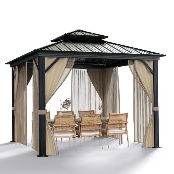 10 x 10 ft Hartdach-Pavillon mit zweilagigem Metall-Dach, Aluminiumgestell, Insektenschutznetz und Vorhängen – wetterfest, ideal für Terrasse, Balkon, Garten oder Hinterhof, Farbe Khaki