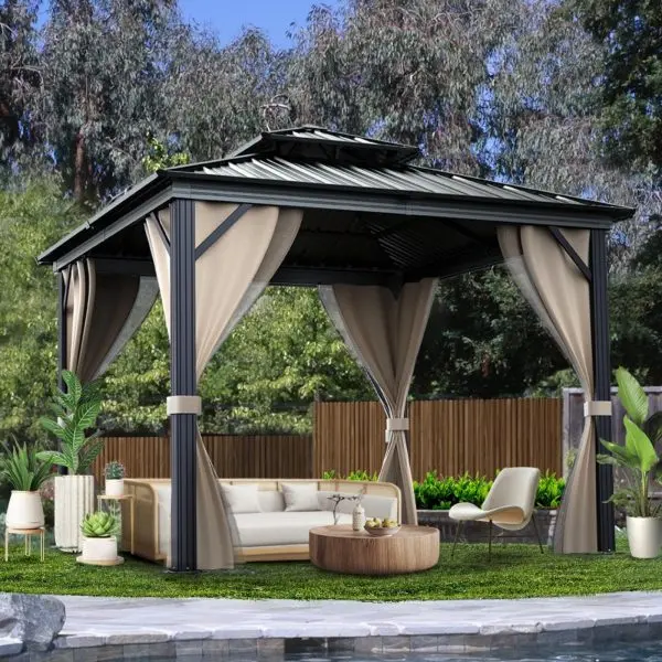 10 x 10 ft Hartdach-Pavillon mit zweilagigem Metall-Dach, Aluminiumgestell, Insektenschutznetz und Vorhängen – wetterfest, ideal für Terrasse, Balkon, Garten oder Hinterhof, Farbe Khaki 2