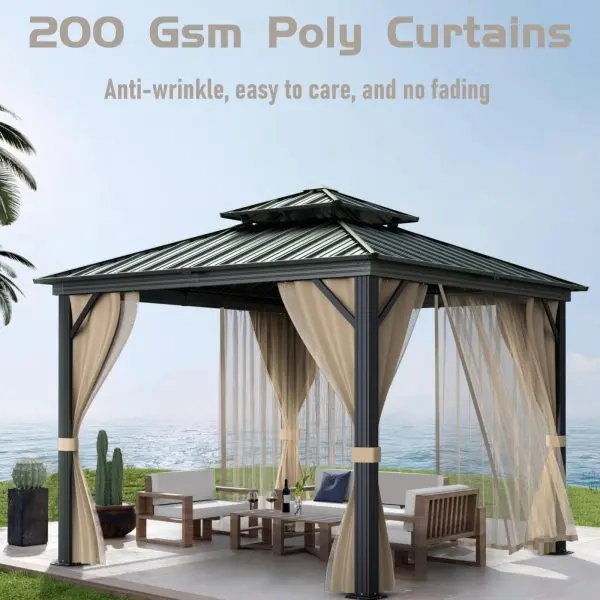 10 x 10 ft Hartdach-Pavillon mit zweilagigem Metall-Dach, Aluminiumgestell, Insektenschutznetz und Vorhängen – wetterfest, ideal für Terrasse, Balkon, Garten oder Hinterhof, Farbe Khaki
