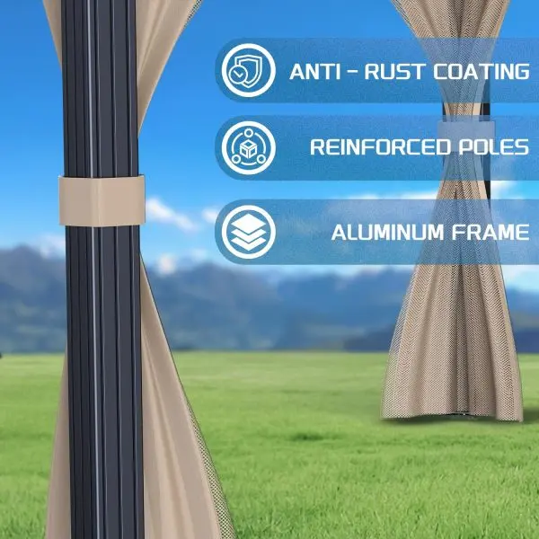 10 x 10 ft Hartdach-Pavillon mit zweilagigem Metall-Dach, Aluminiumgestell, Insektenschutznetz und Vorhängen – wetterfest, ideal für Terrasse, Balkon, Garten oder Hinterhof, Farbe Khaki