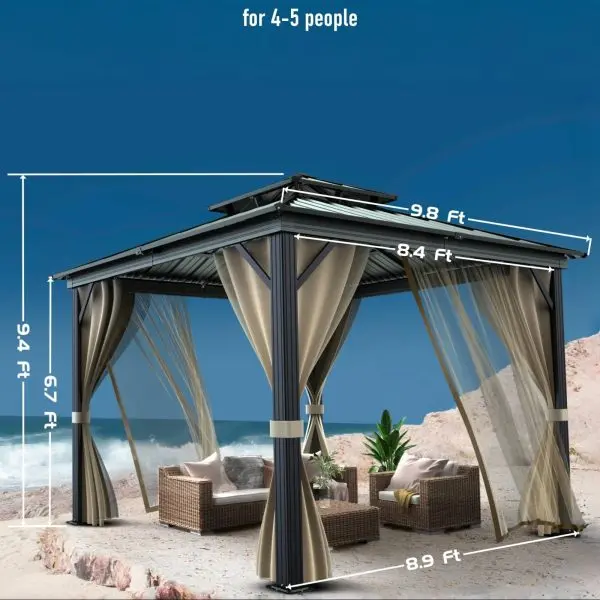 10' x 10' Hartdach-Pavillon mit doppeltem Metall-Dach, Aluminiumgestell, Insektenschutznetz und Vorhängen – wetterfest, ideal für Terrasse, Balkon, Garten oder Hinterhof, Farbe: Khaki