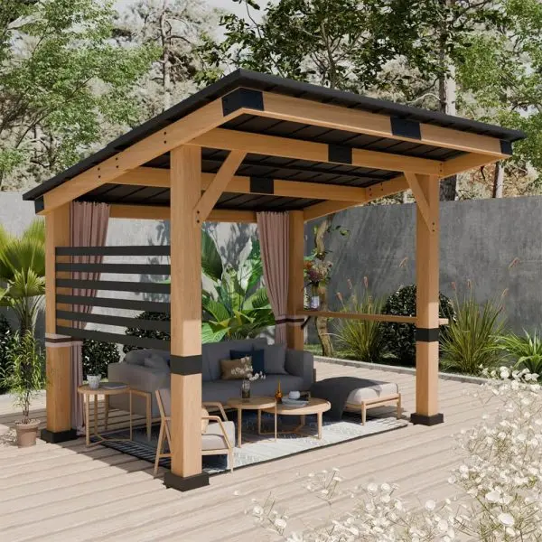 10 x 12 ft schweres Premium-Außen-Gazebo aus Zedernholz für alle Jahreszeiten mit Metall-Dach und Rückwand-Vorhängen (SAK57184) 1