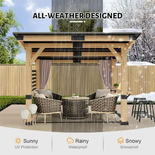 10 x 12 ft schweres Premium-Außen-Gazebo aus Zedernholz für alle Jahreszeiten mit Metall-Dach und Rückwand-Vorhängen (SAK57184)