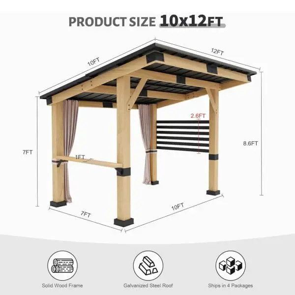 10 x 12 ft schweres Premium-Außen-Gazebo aus Zedernholz für alle Jahreszeiten mit Metall-Dach und Rückwand-Vorhängen (SAK57184)