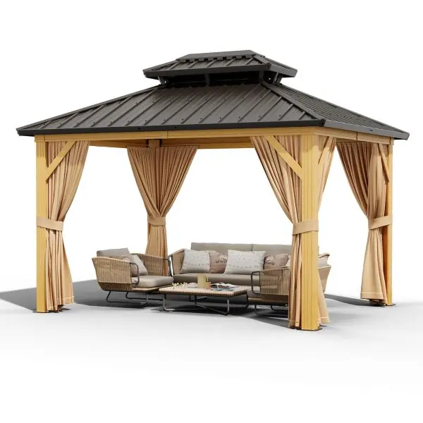 10 × 13 ft überdachter Außenpavillon aus verzinktem Stahl – Hochbelastbarer Dachpavillon mit doppeltem Dach, Insektenschutznetzen und Sonnenschutzvorhängen, Aluminiumrahmen-Pavillon für Terrasse, Balkon, Rasen und Holzdeck – Farbe Khaki