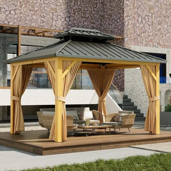 10 × 13 ft überdachter Außenpavillon aus verzinktem Stahl – Hochbelastbarer Dachpavillon mit doppeltem Dach, Insektenschutznetzen und Sonnenschutzvorhängen, Aluminiumrahmen-Pavillon für Terrasse, Balkon, Rasen und Holzdeck – Farbe Khaki 2