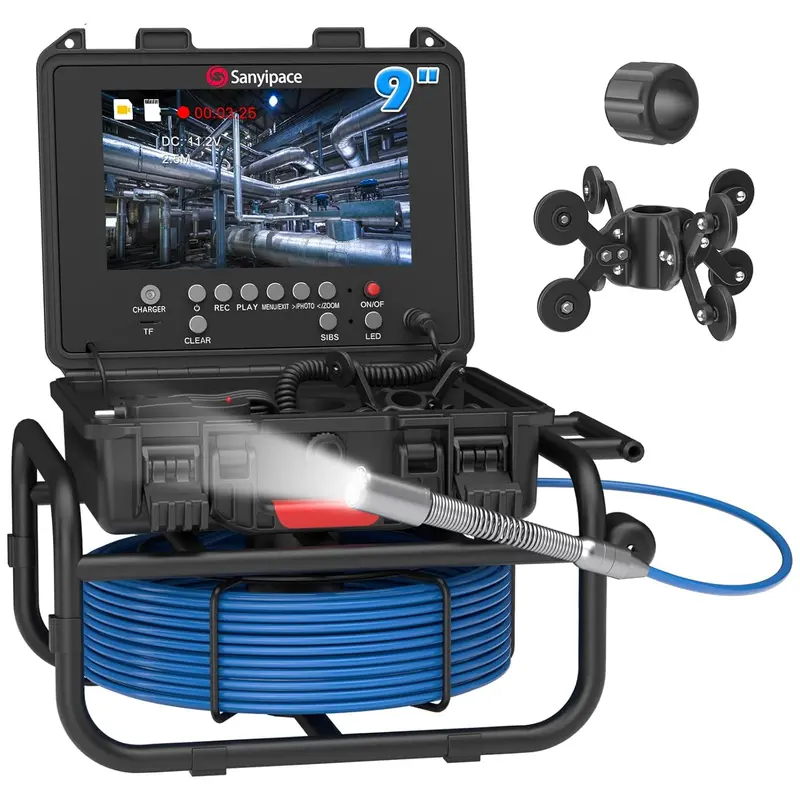 100 Fuß / 30 Meter, 23 mm / 0,9 Zoll Full-HD-Kanalinspektionskamera mit 5-fach Zoom, Abstandszähler, 9-Zoll-IPS-Bildschirm, digitalem Videorecorder und Sprachrekorder, 16 GB Speicherkarte – geeignet für Kanäle, Rohre, Lüftungskanäle und Rohrleitungssysteme