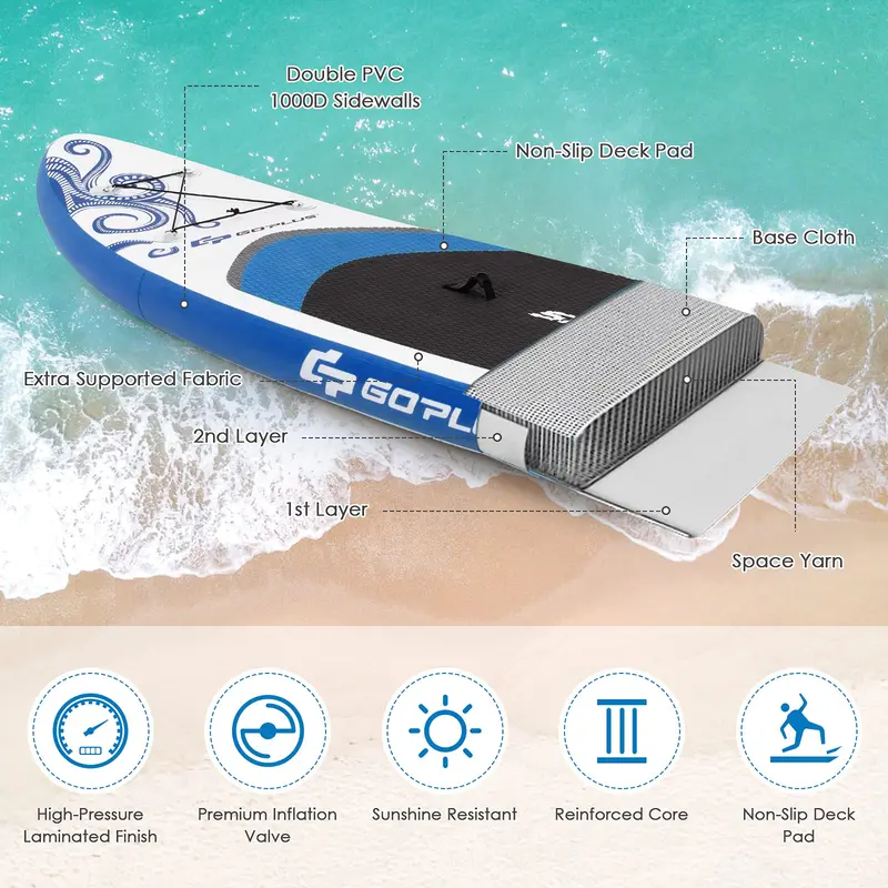 10,5 / 11 Fuß aufblasbares Stand-Up-Paddleboard (SUP), 6,5 Zoll dick mit Transporttasche