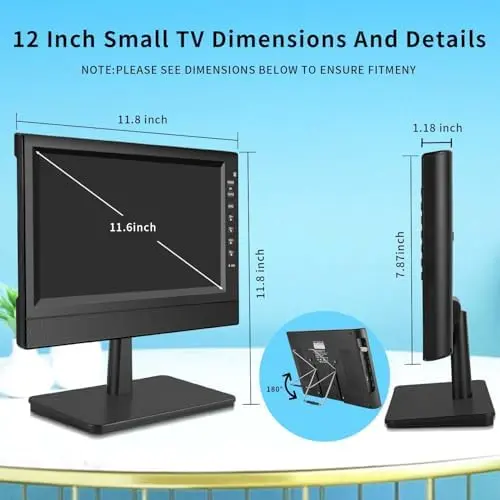 12-Zoll-Tragbarer Kleinfernseher mit HD-Display, HDMI- und USB-Anschlüssen | Integrierter Digital-Tuner und kompaktes Design für den Einsatz zu Hause, in der Küche, im Wohnmobil und unterwegs