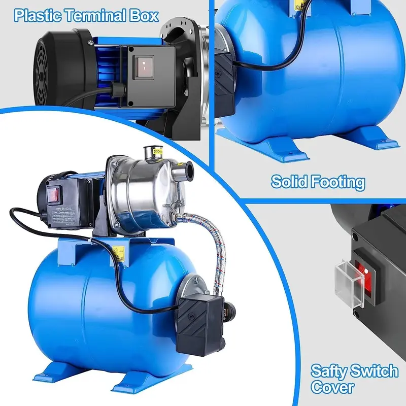 1,6-PS-Flachbrunnenpumpe mit Druckbehälter, 1268 GPH, Edelstahl-Strahlpumpe zum Wassertransfer, zur Entwässerung und als Förderpumpe für Gartenbewässerungssysteme, Rasensprenger und Haushaltsanwendungen