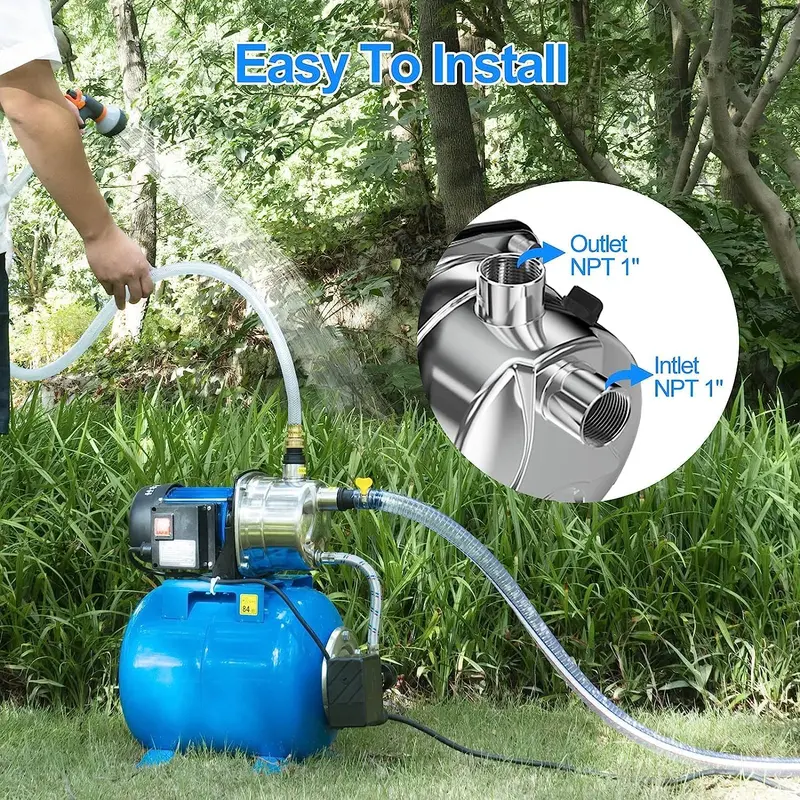 1,6-PS-Flachbrunnenpumpe mit Druckbehälter, 1268 GPH, Edelstahl-Strahlpumpe zum Wassertransfer, zur Entwässerung und als Förderpumpe, für Gartenbewässerungssysteme und Rasensprenger
