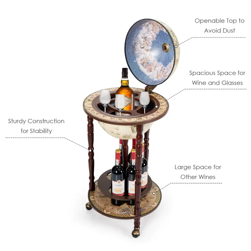 17" Holz-Globus-Weinbarständer, italienischer Flaschenhalter aus dem 16. Jahrhundert, Wein- und Spirituosenregal