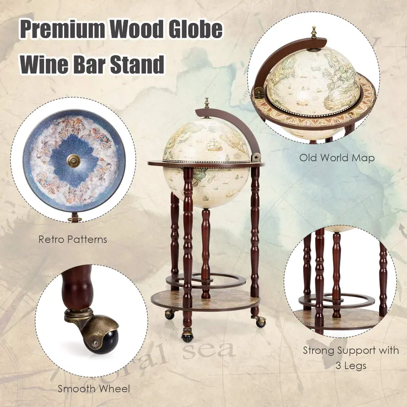 17" Holz-Globus-Weinbarständer, italienischer Flaschenhalter aus dem 16. Jahrhundert, Wein- und Spirituosenregal