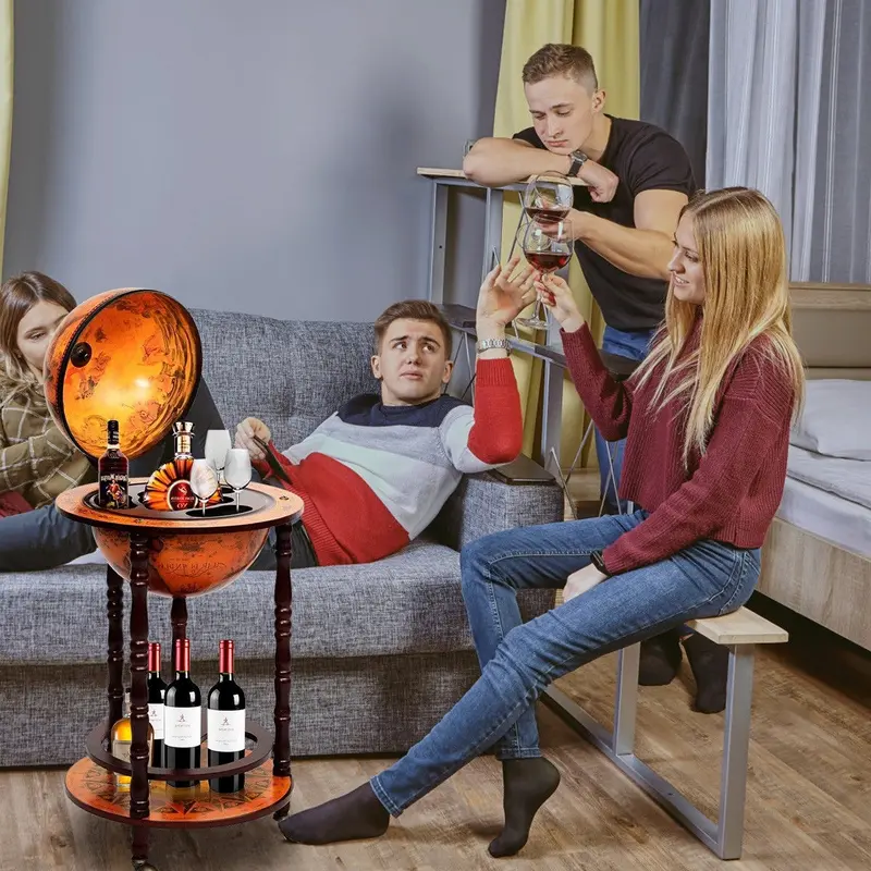 17" Holz-Globus-Weinbarständer mit italienischem Racksystem aus dem 16. Jahrhundert, Flaschenablage für Spirituosen mit Rollen 2