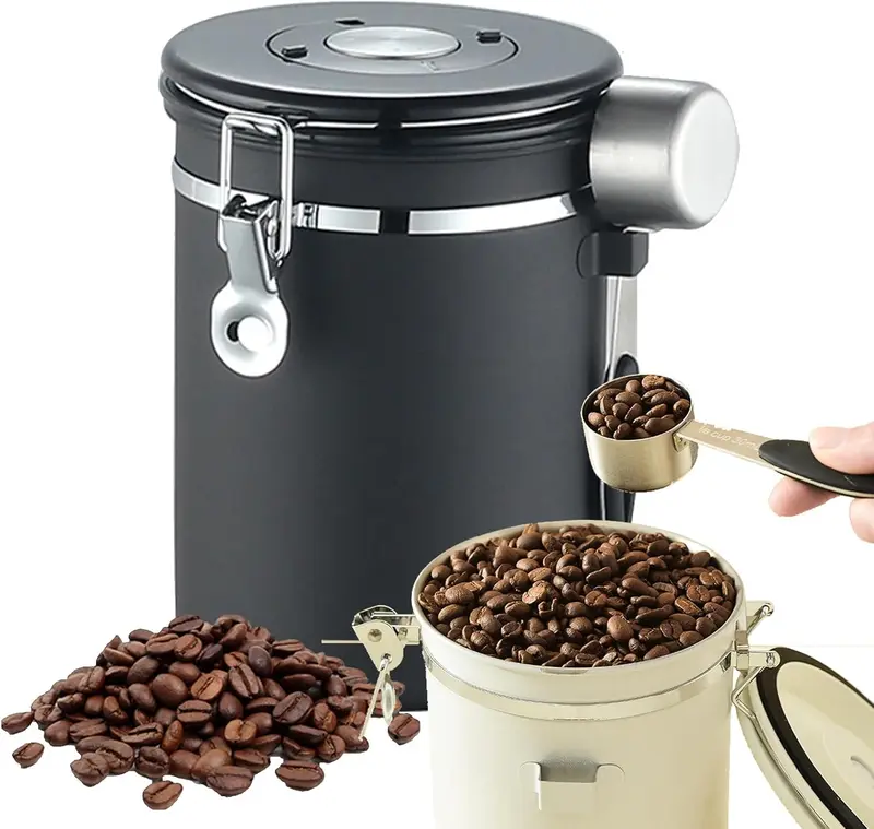 1,8-Liter-Vakuum-Kaffeebehälter mit Verschluss, tragbarer Vakuum-Kaffeeaufbewahrungsbehälter, Edelstahl-Löffel mit Einweg-Auslassventil, Datumsverfolgung und Kaffeelöffel – ideal als Zubehör für Cafés, für Kaffeebohnen und Tee.