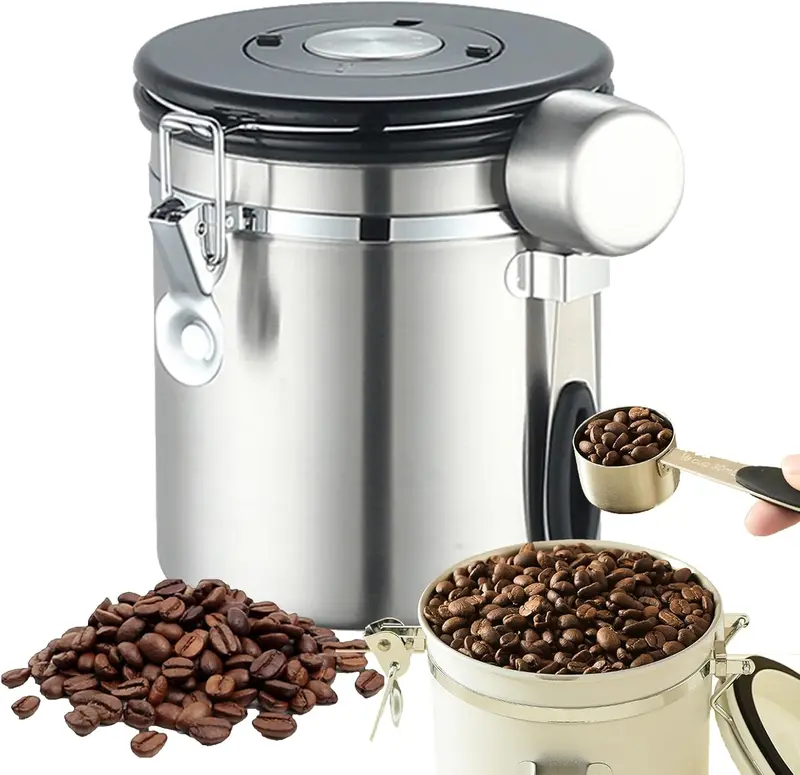 1,8-Liter-Vakuum-Kaffeebehälter mit Verschluss, tragbarer Vakuum-Kaffeeaufbewahrungsbehälter, Edelstahl-Löffel mit Einweg-Auslassventil, Datumsverfolgung und Kaffeelöffel – ideal als Zubehör für Cafés, für Kaffeebohnen und Tee.