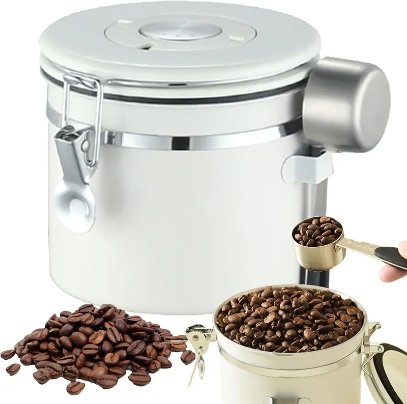 1,8-Liter-Vakuum-Kaffeebehälter mit Verschluss, tragbarer Vakuum-Kaffeeaufbewahrungsbehälter, Edelstahl-Löffel mit Einweg-Auslassventil, Datumsverfolgung und Kaffeelöffel – ideal als Zubehör für Cafés, für Kaffeebohnen und Tee.