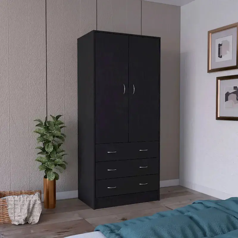 19" Modernes Doppeltür-Armoire mit 3 Schubladen und 1 Kleiderstange für das Schlafzimmer