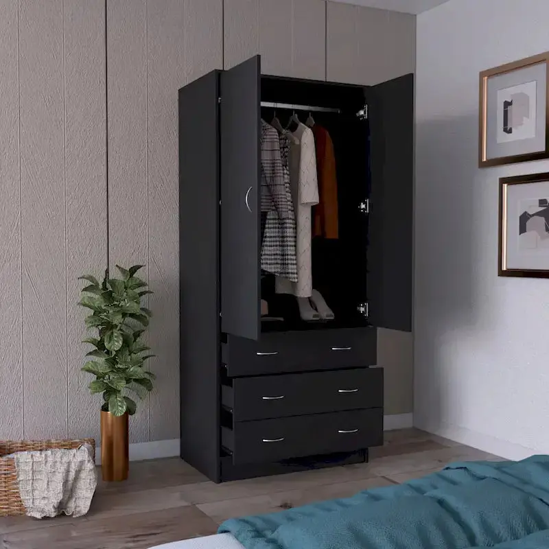 19" Modernes Doppeltür-Armoire mit 3 Schubladen und 1 Kleiderstange für das Schlafzimmer