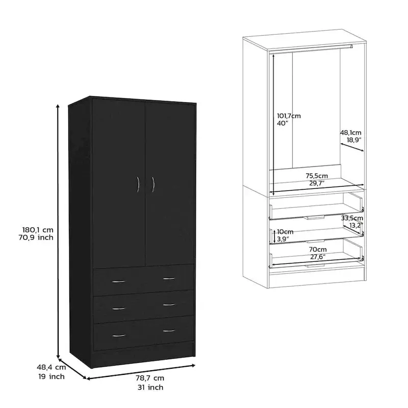 19" Modernes Doppeltür-Armoire mit 3 Schubladen und 1 Kleiderstange für das Schlafzimmer