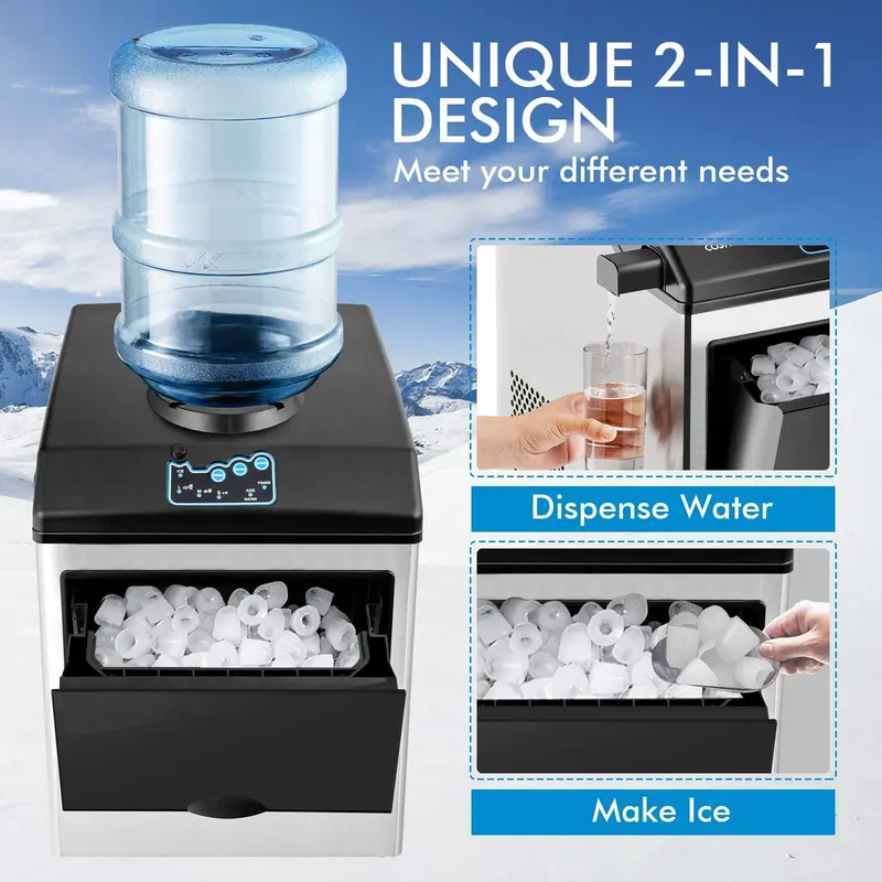 2-in-1-Aufsatz-Eisbereiter mit Wasserspender-Kombination, 48 lbs/24 h, 3 Eiswürfelgrößen (S/M/L) in Kugelform