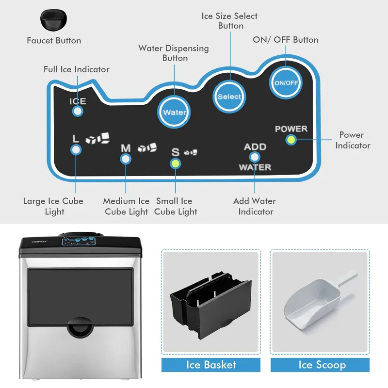 2-in-1-Aufsatz-Eisbereiter mit Wasserspender-Kombination, 48 lbs/24 h, 3 Eiswürfelgrößen (S/M/L) in Kugelform