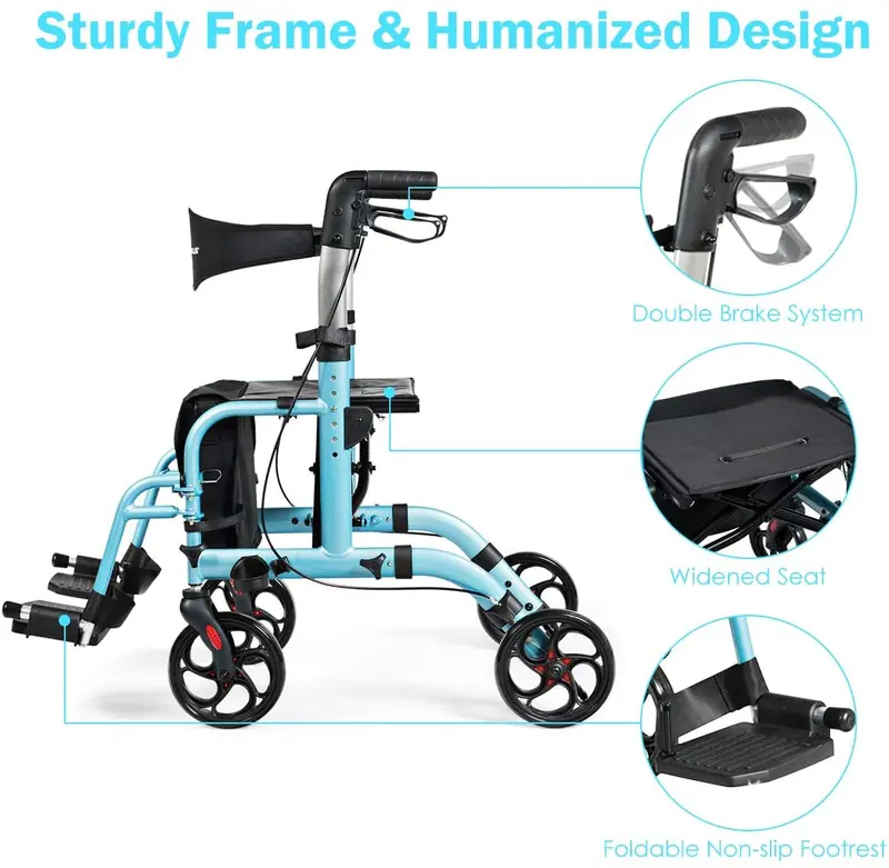 2-in-1-Klapp-Rollator mit 4 Rädern, medizinischer Rollator