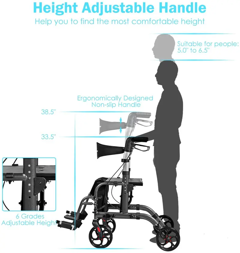 2-in-1-Klapp-Rollator mit 4 Rädern, medizinischer Rollator