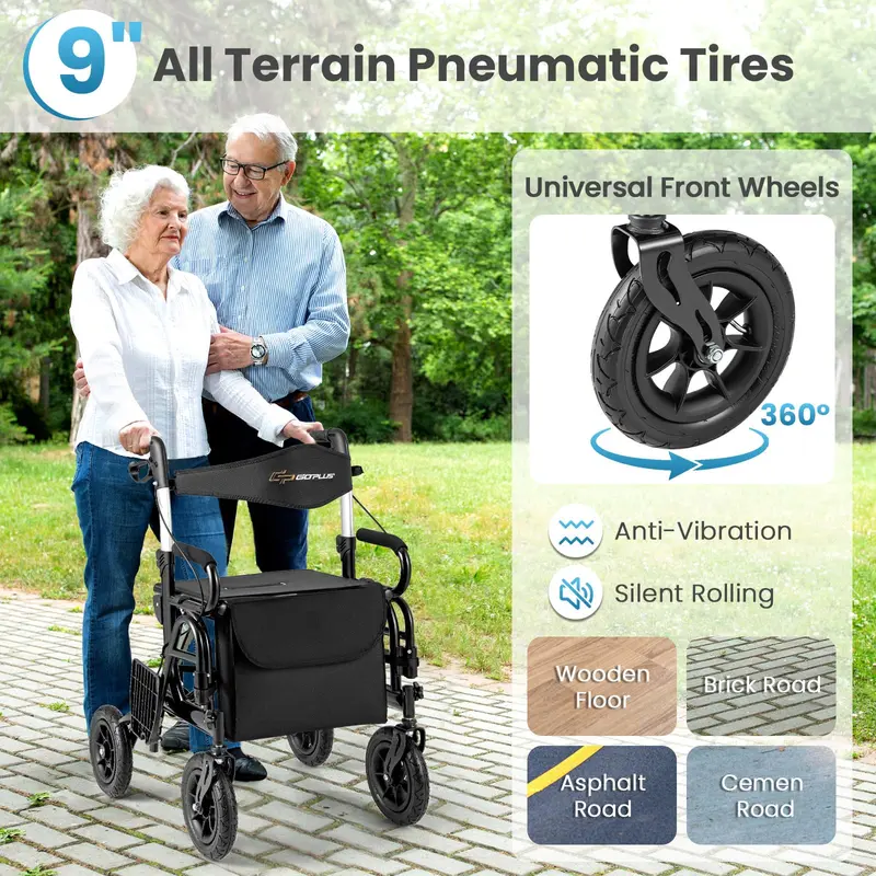 2-in-1-Klapp-Rollator mit Rollstuhl-Funktion und Bremsen