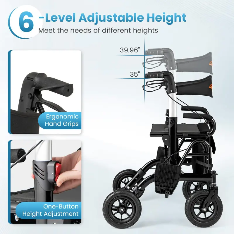2-in-1-Klapp-Rollator mit Rollstuhl-Funktion und Bremsen