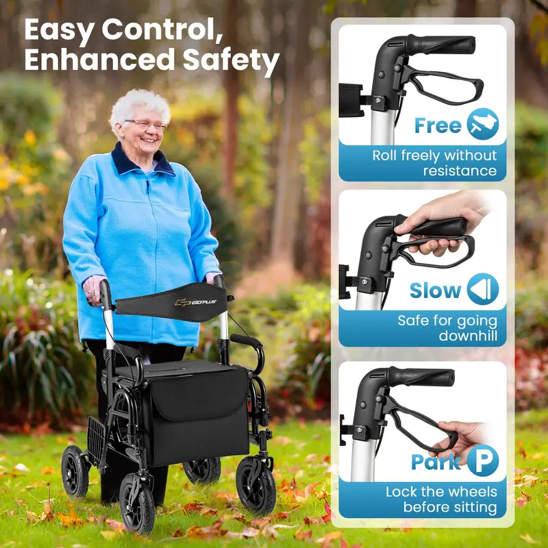 2-in-1-Klapp-Rollator mit Rollstuhl-Funktion und Bremsen