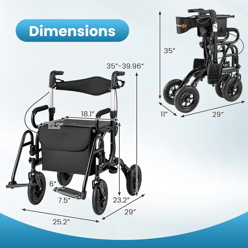 2-in-1-Klapp-Rollator mit Rollstuhl-Funktion und Bremsen