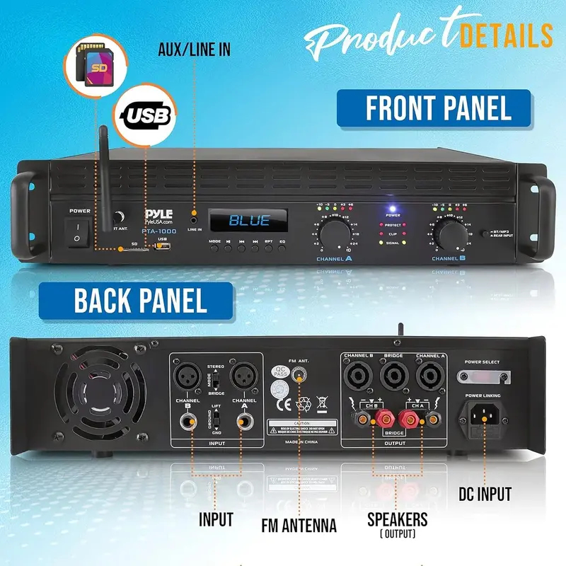 2-Kanal-Bluetooth-Leistungsverstärker – 2000 W, brückbar, für 19-Zoll-Rackmontage, professionelles Audio-System für Heim- und Entertainment-Anwendungen mit TRS-/XLR-Eingang, LCD-Display, Brückenschaltung und Kühlgebläse – Stereoempfänger
