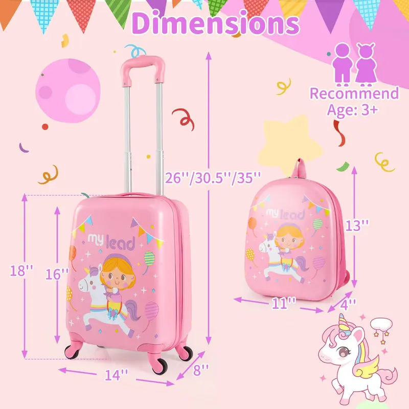 2-teiliges Kindergepäckset mit Spinner-Rädern für Jungen und Mädchen – Rosa
