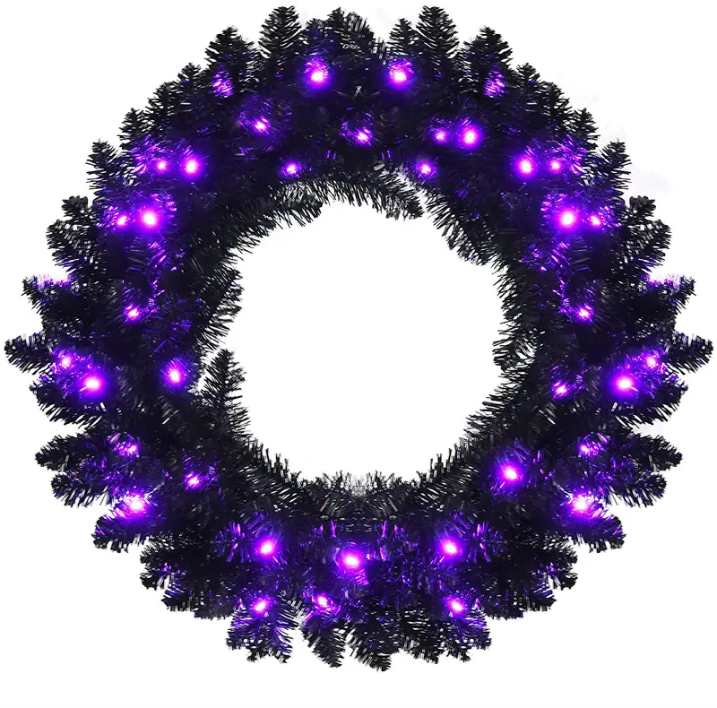 24" schwarzer Halloween-Kranz, vorgefertigter künstlicher Weihnachtskranz mit integrierter Beleuchtung