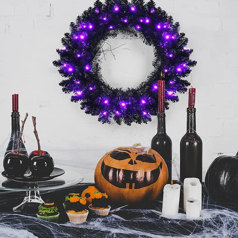 24" schwarzer Halloween-Kranz, vorgefertigter künstlicher Weihnachtskranz mit integrierter Beleuchtung 2