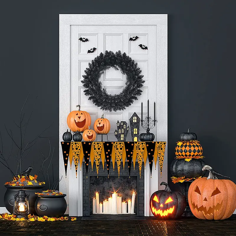 24" schwarzer Halloween-Kranz, vorgefertigter künstlicher Weihnachtskranz mit integrierter Beleuchtung