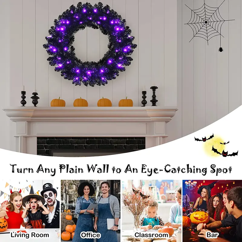 24" schwarzer Halloween-Kranz, vorgefertigter künstlicher Weihnachtskranz mit integrierter Beleuchtung