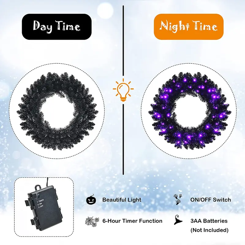 24" schwarzer Halloween-Kranz, vorgefertigter künstlicher Weihnachtskranz mit integrierter Beleuchtung