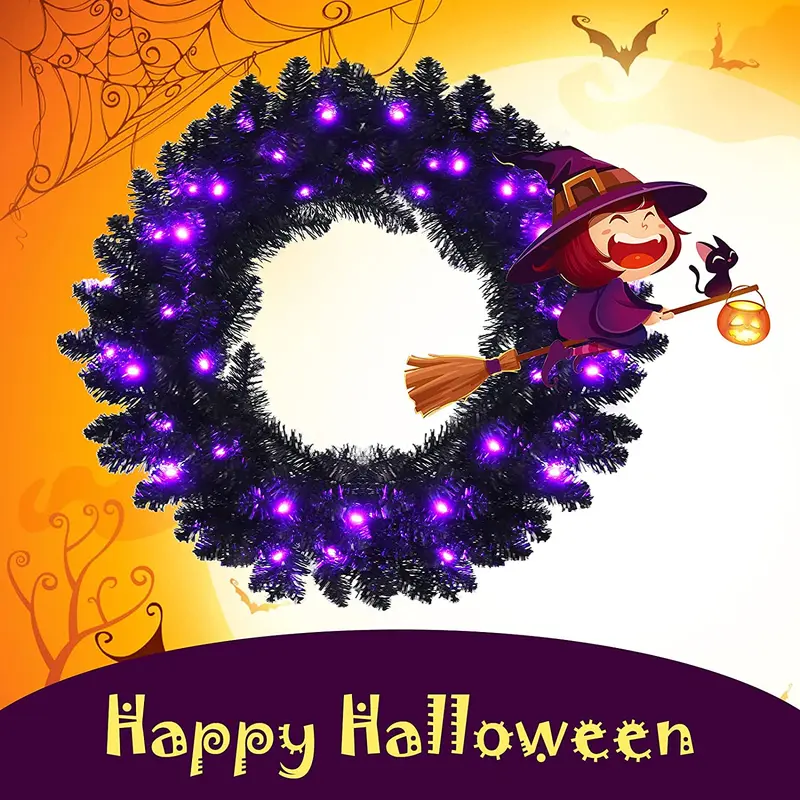 24" schwarzer Halloween-Kranz, vorgefertigter künstlicher Weihnachtskranz mit integrierter Beleuchtung
