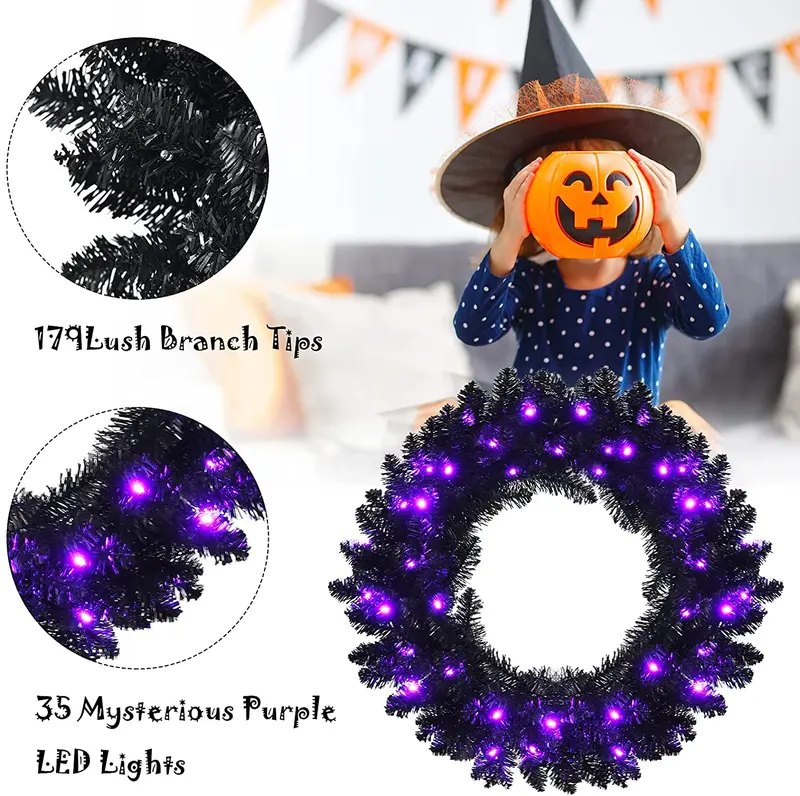 24" schwarzer Halloween-Kranz, vorgefertigter künstlicher Weihnachtskranz mit integrierter Beleuchtung