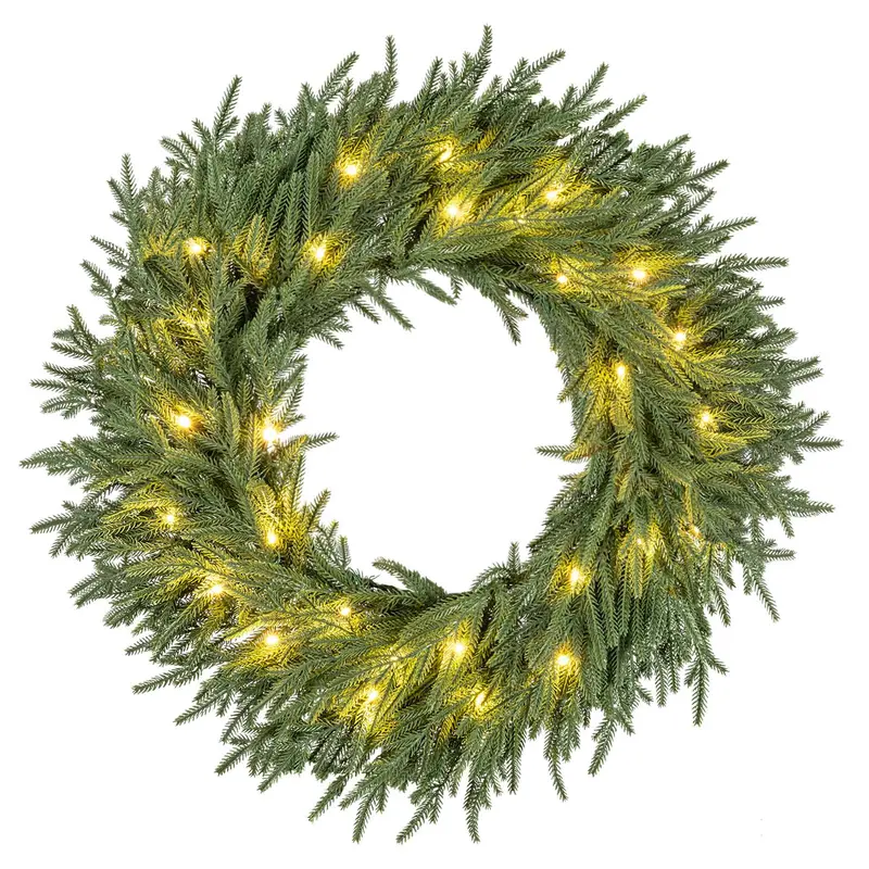 24-Zoll-vorgefertigter Weihnachtskranz mit 108 Zweigspitzen und 35 warmweißen LED-Leuchten für Wand oder Fenster – 1 Stück