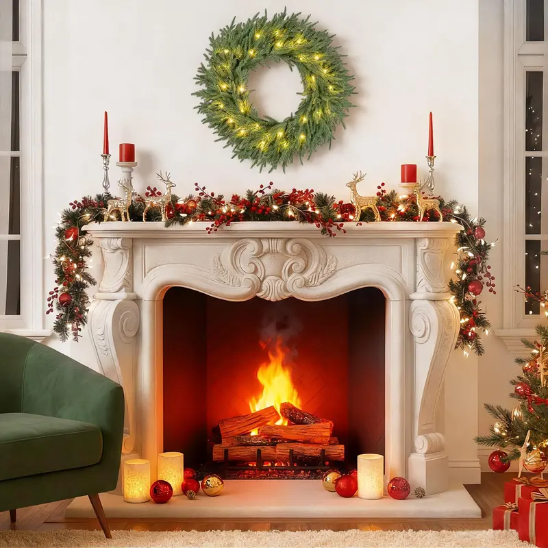 24-Zoll-vorgefertigter Weihnachtskranz mit 108 Zweigspitzen und 35 warmweißen LED-Leuchten für Wand oder Fenster – 1 Stück 2