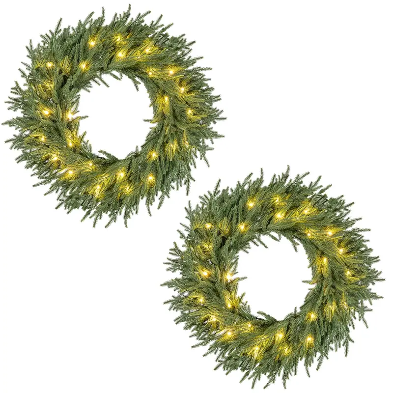 24-Zoll-vorgefertigter Weihnachtskranz mit 108 Zweigspitzen und 35 warmweißen LED-Leuchten für Wand oder Fenster – 1 Stück