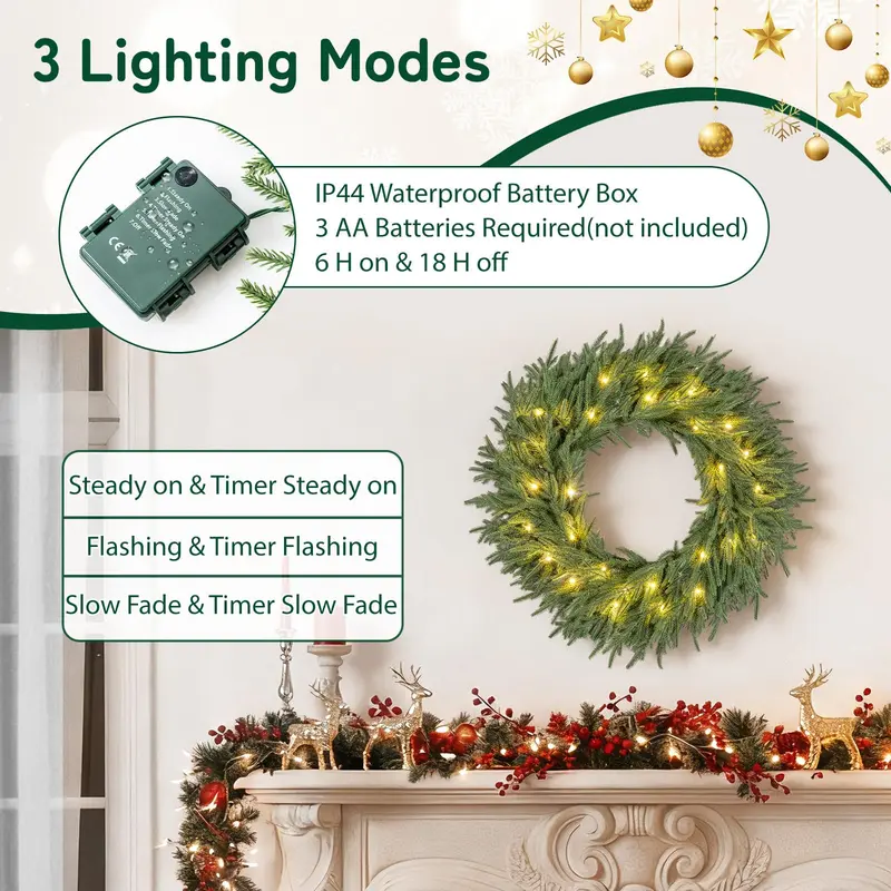 24-Zoll-vorgefertigter Weihnachtskranz mit 108 Zweigspitzen und 35 warmweißen LED-Leuchten für Wand oder Fenster – 1 Stück