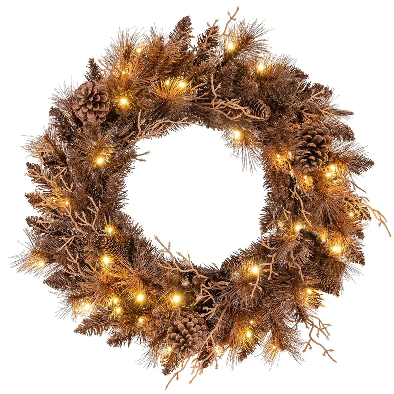 24-Zoll-Weihnachtskranz mit vormontierter Beleuchtung, 105 Zweigspitzen und 35 warmweißen LED-Leuchten – 1 Stück