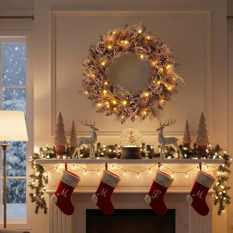 24-Zoll-Weihnachtskranz mit vormontierter Beleuchtung, 105 Zweigspitzen und 35 warmweißen LED-Leuchten – 1 Stück 2