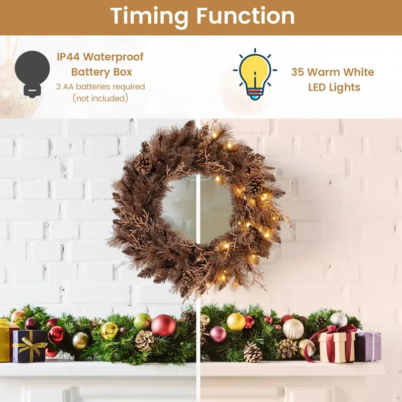 24-Zoll-Weihnachtskranz mit vormontierter Beleuchtung, 105 Zweigspitzen und 35 warmweißen LED-Leuchten – 1 Stück