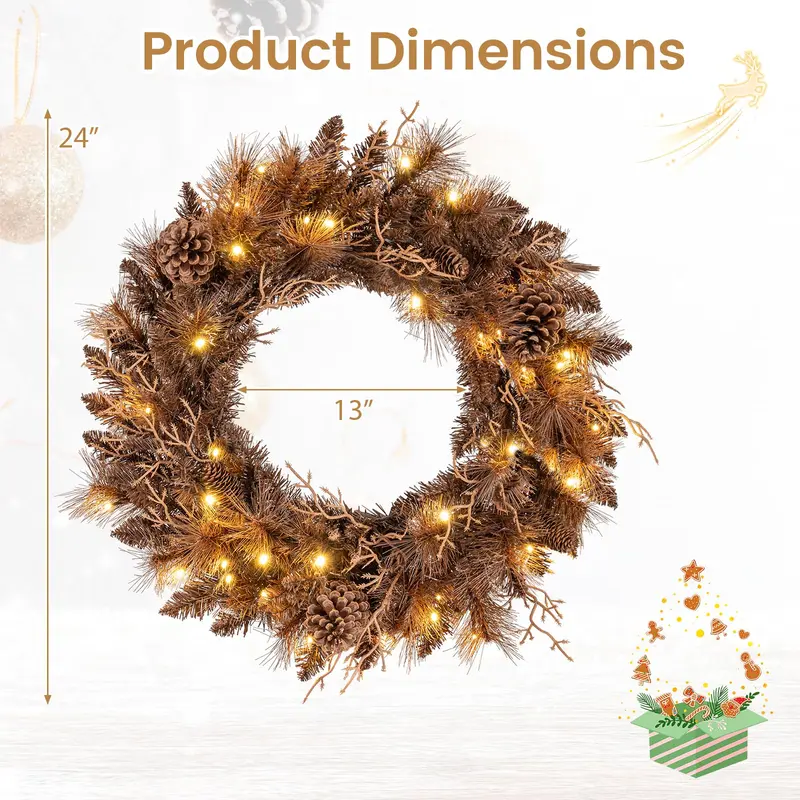 24-Zoll-Weihnachtskranz mit vormontierter Beleuchtung, 105 Zweigspitzen und 35 warmweißen LED-Leuchten – 1 Stück